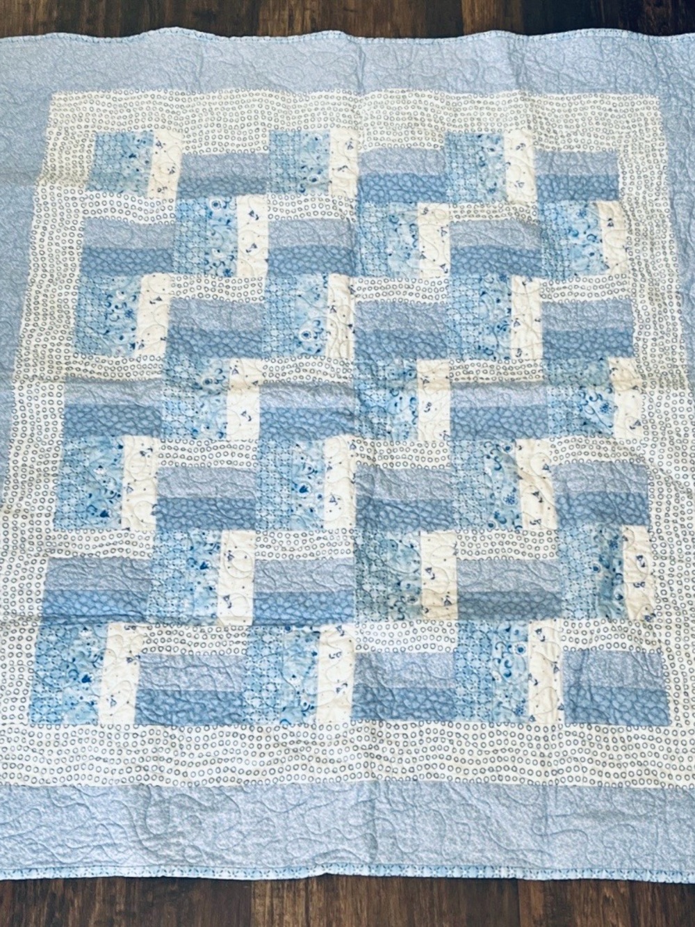Patchwork Crib Quilt, Hand Made, Blue & White - Baby Decor